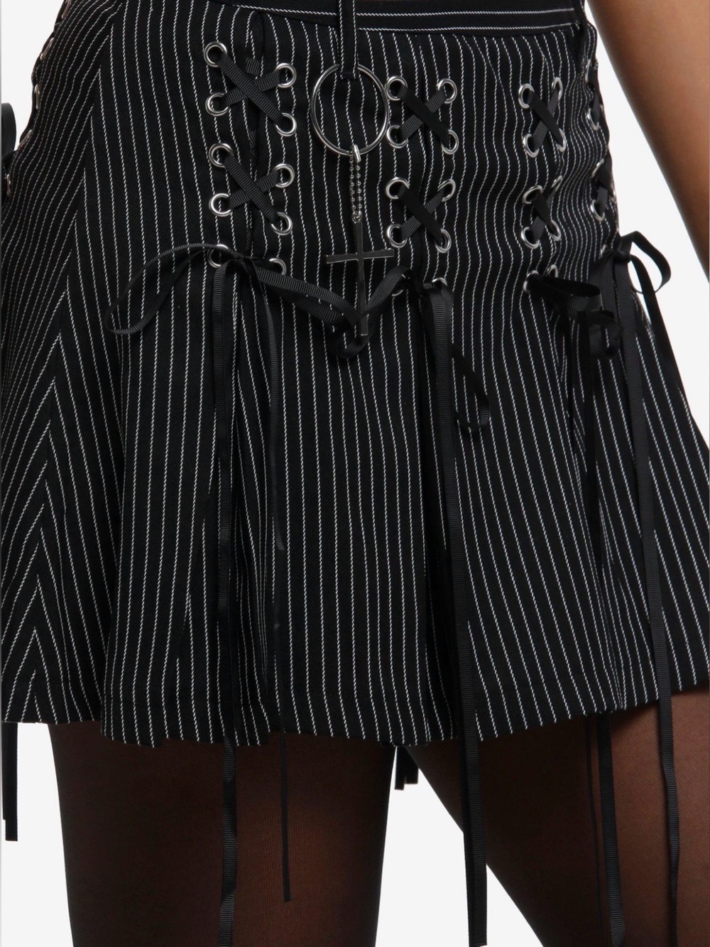 Hot Topic Black Pinstripe Lace-Up Ring Mini Skirt Size S